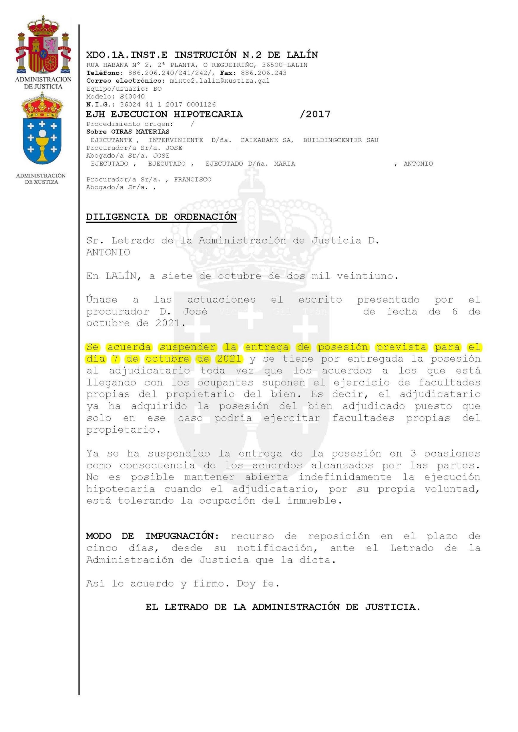 06-10-21.- D.O.-notif-el-08-10-se-une-escrito-de-CAIXABANK.-Se-acuerda-suspender-posesion-y-por-entregada-la-posesion