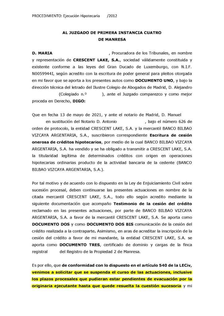 18-10-21.- ESCRITO CONTRARIO de CRESCENT LAKE solicitando suspension actuaciones hasta que se resuelva cuestion sucesoria