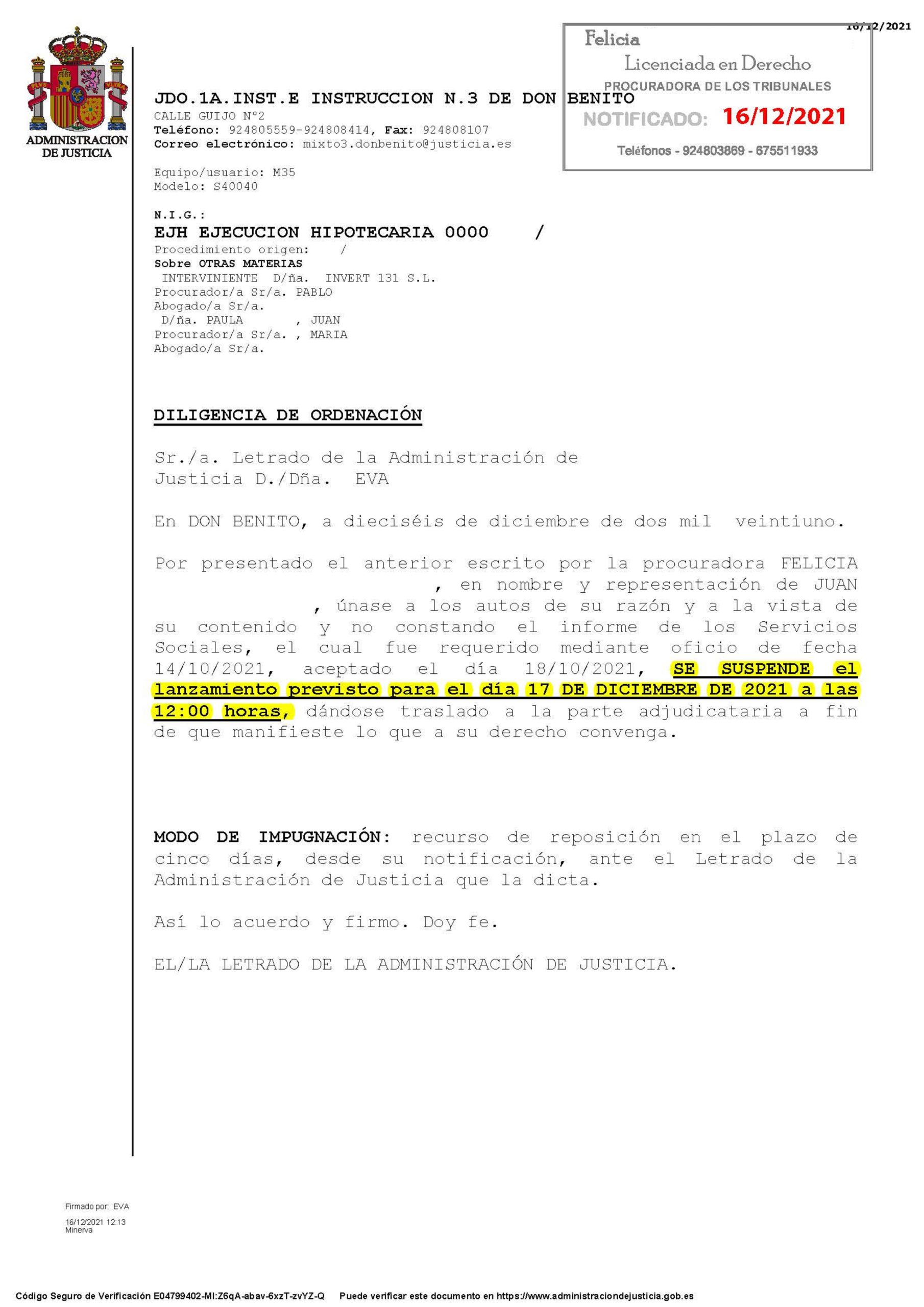 16-12-21.- D.O. notif el 16-12 se une autos nuestro escrito SE SUSPENDE LANZAMIENTO del dia 17-12