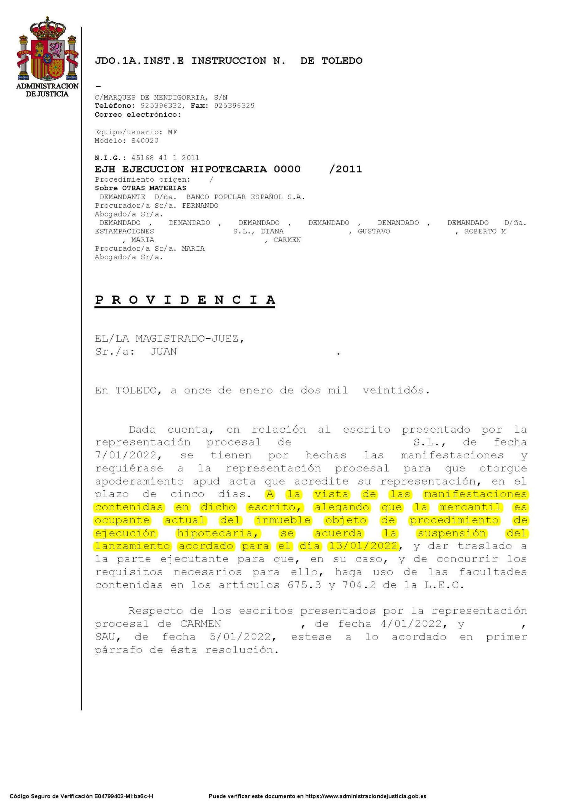 11-01-22.- PROVIDENCIA Se acuerda la suspension del lanzamiento