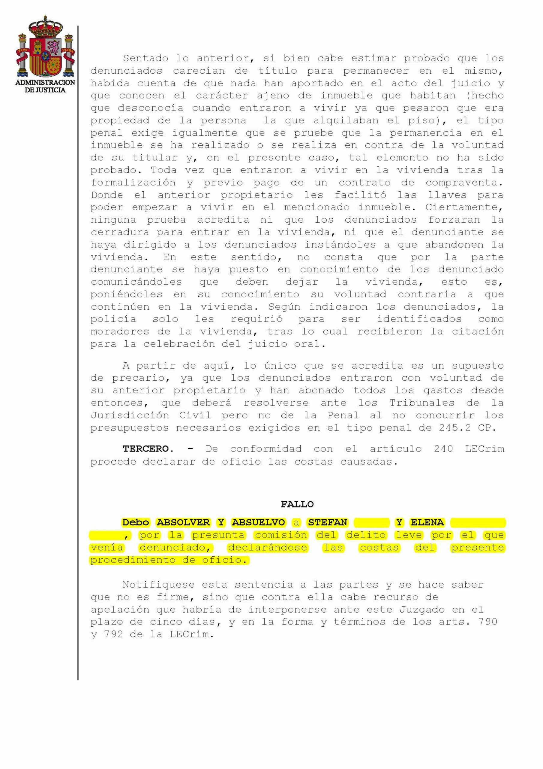 31-01-22.- SENTENCIA se estima fallo sentencia penal