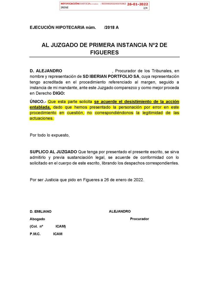 26-01-22.- ESCRITO CONTRARIO de SD IBERIAN PORTFOLIO solicitando se acuerde el desistimiento de la accion entablada