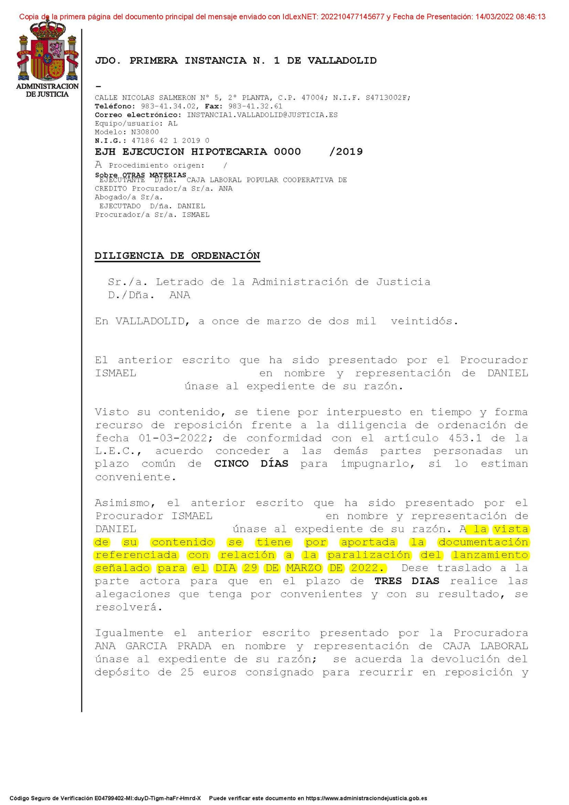11-03-22.- D.O. notif el 15-03 nuestro recurso reposicion unase, CINCO DIAS demas partes para impugnarlo. Se une nuestro escrito y por aportada documentacion paralizacion lanzamiento
