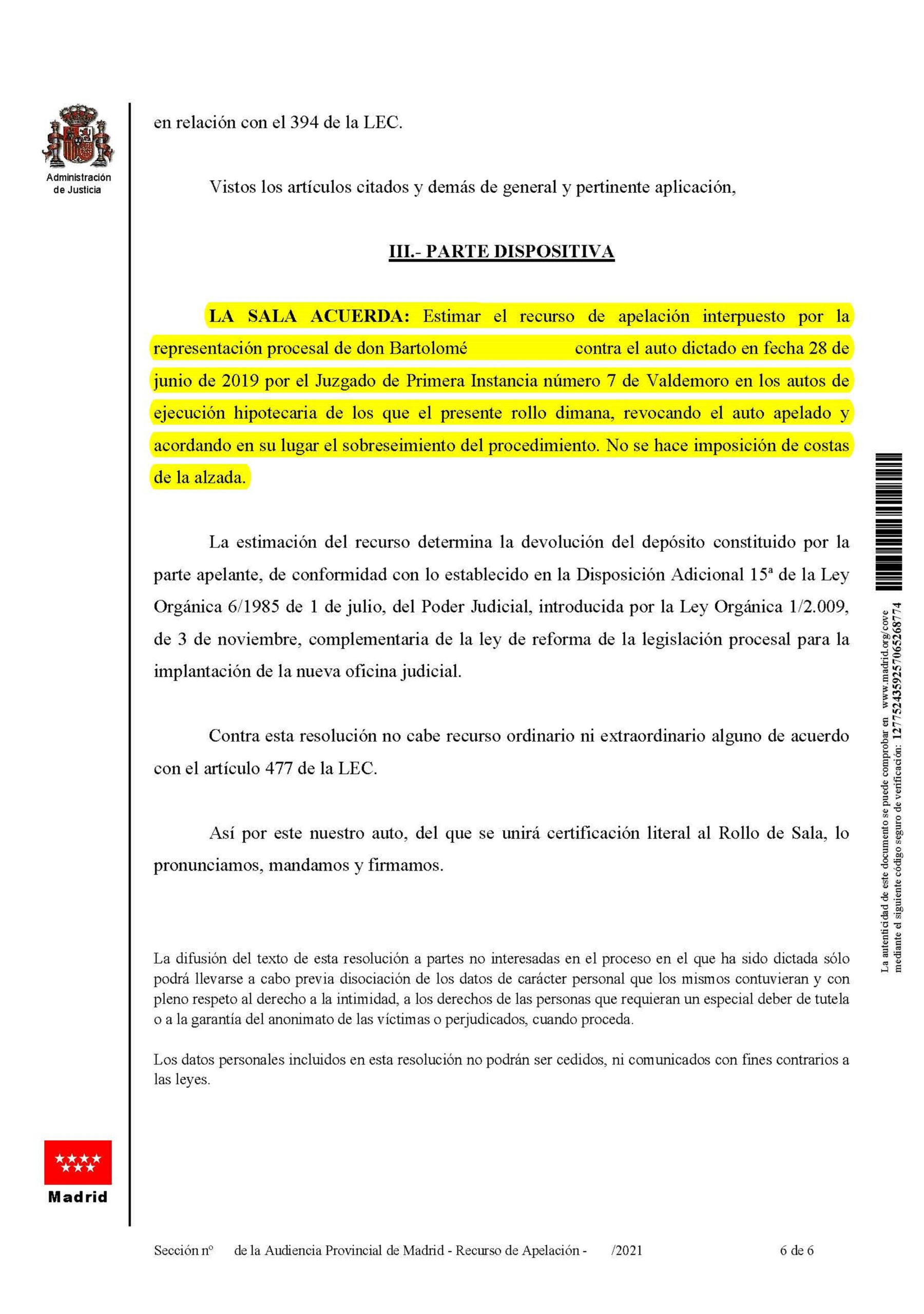 11-06-21.- AUTO notif el 25-02 se estima NUESTRO RECURSO DE APELACION contra el Auto del 28-06-19 y acordando el SOBRESEIMIENTO DEL PROCEDIMIENTO. No se hace imposicion de costas