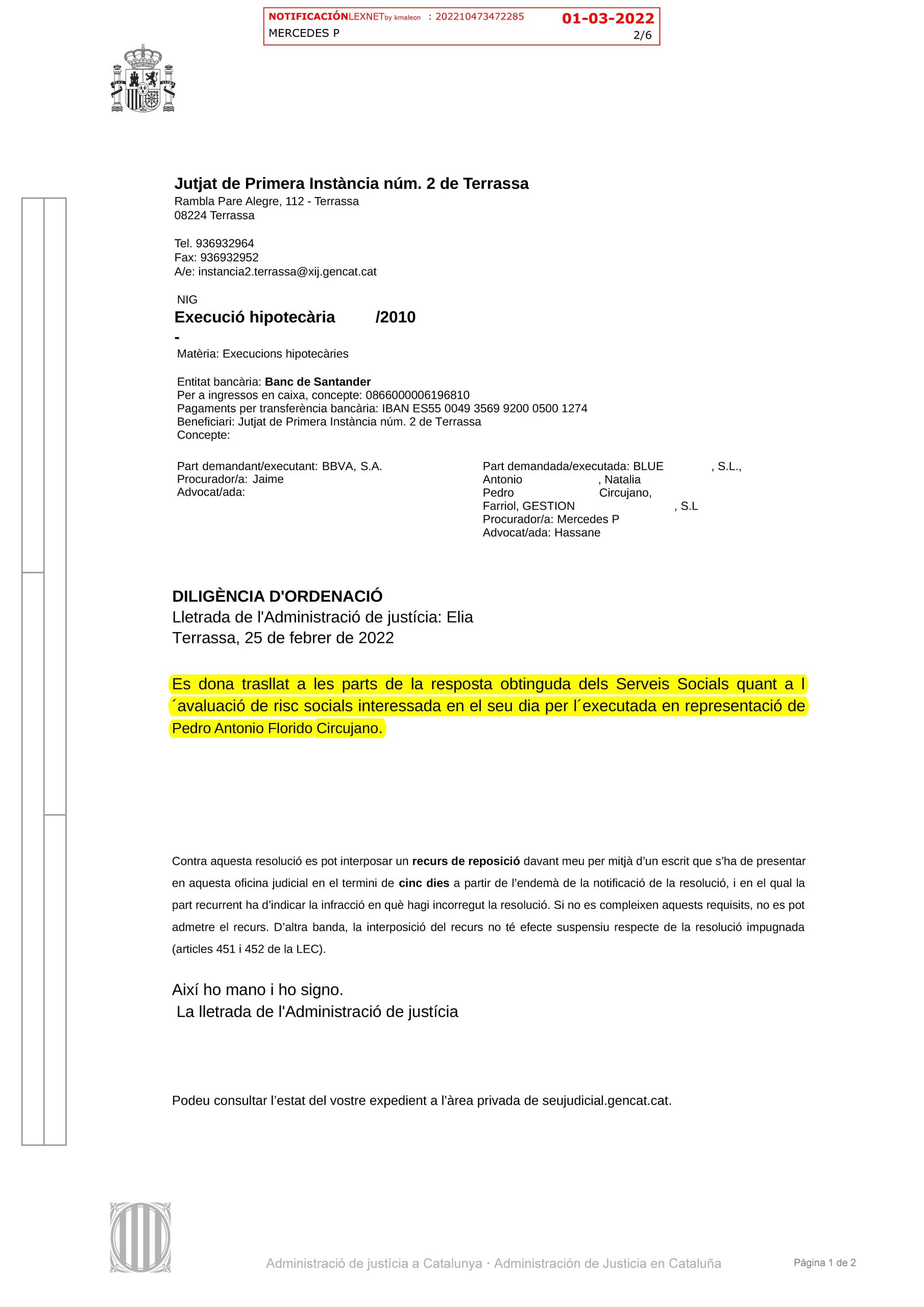 25-02-22.- D.O. notif el 01-03 unen informe servicios sociales respecto a Pedro Antonio. Se solicita la suspension del 23-03 para analizar la situacion de la unidad familiar y hacer informe