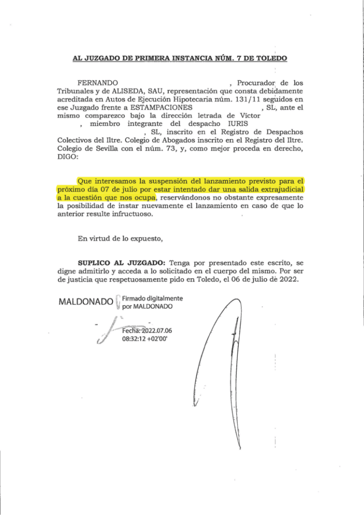 07-07-22.- ESCRITO CONTRARIO de ALISEDA interesando la suspension del lanzamiento del 07-06 por estar intentando dar una salida extrajudicial. NOTIF. AUTOLUSURITOP