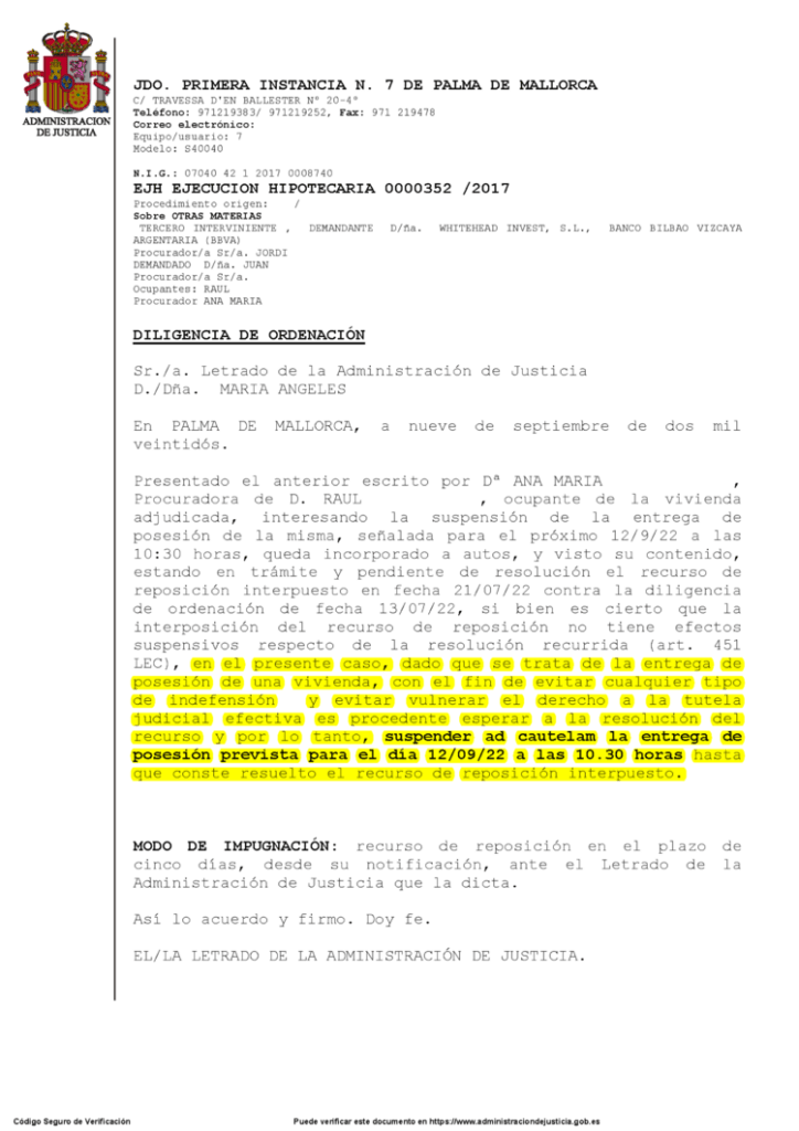 09-09-22.- D.O. notif el 12-09 por presentado nuestro escrito, se suspende ad cautelam la entrega de posesion hasta que conste resuelto recurso de reposicion interpuesto