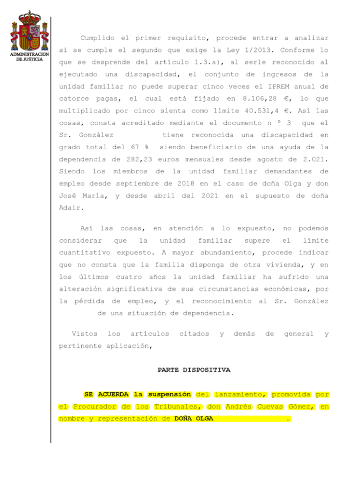23-05-22.- AUTO notif el 25-05 se acuerda LA SUSPENSION del LANZAMIENTO