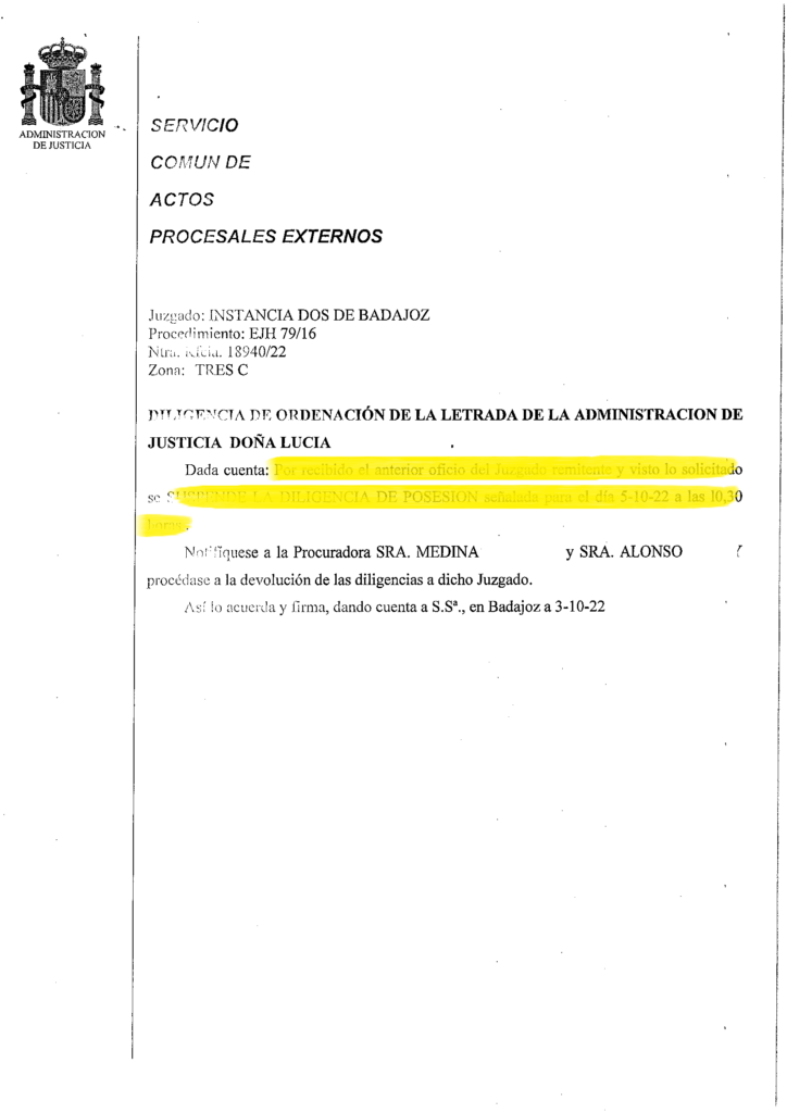 03-10-22.- D.O. notif el 04-10 por recibido oficio juzgado y visto lo solicitado se SUSPENDE DILIGENCIA DE POSESION señalada para el 05-10