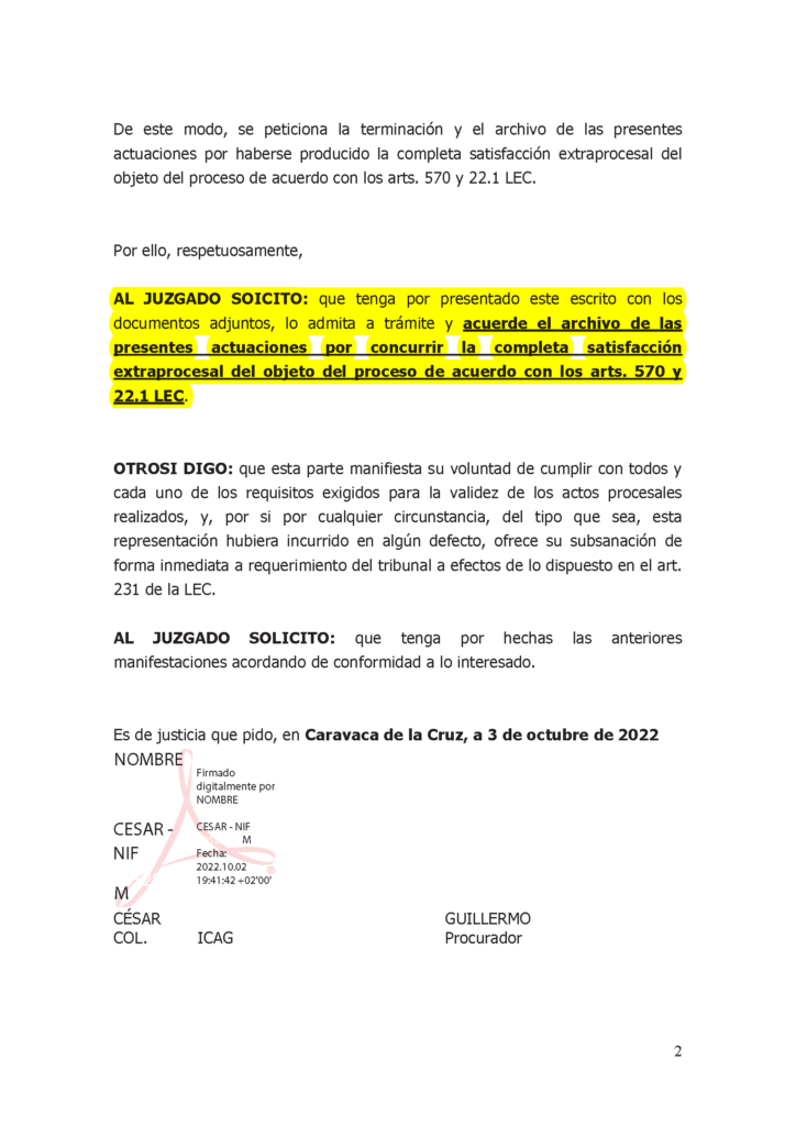 03-10-22.- JUSTIFICANTE PRESENTACION DE NUESTRO ESCRITO informando al juzgado de acuerdo extrajudicial