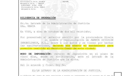 10-10-22.- D.O. notif el 11-10 unase autos escrito de ABANCA, por hechas manifestaciones dejando sin efecto mandamiento posesion remitido al Servicio Comun