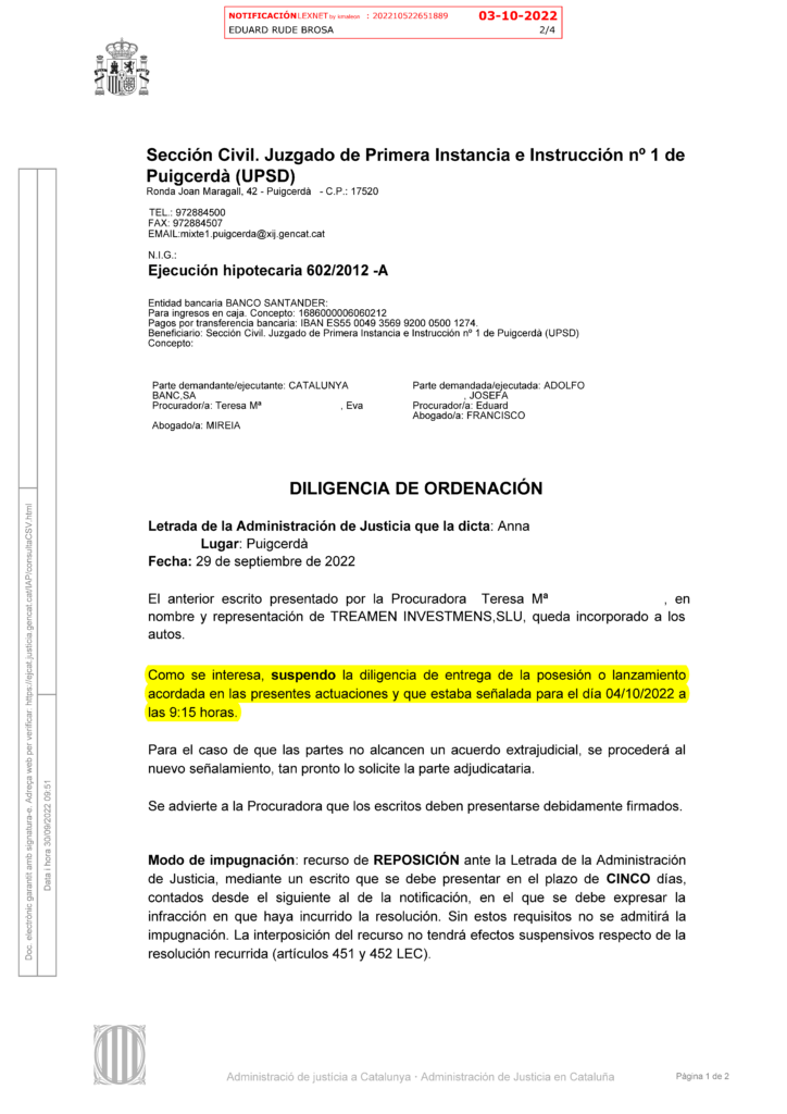 29-09-22.- D.O. notif el 03-10 queda incorporado escrito de TREAMEN INVESTMENS como interesa SUSPENDO lanzamiento del 04-10