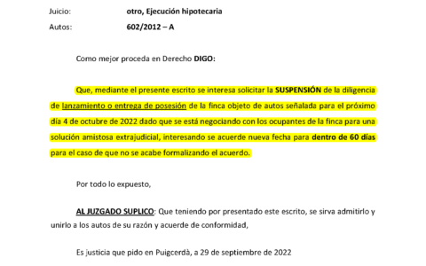 29-09-22.- ESCRITO CONTRARIO de CATALUNYA BANC solicitando suspension del lanzamiento del dia 04-10 por 60 dias por estar en vias de solucion amistosa