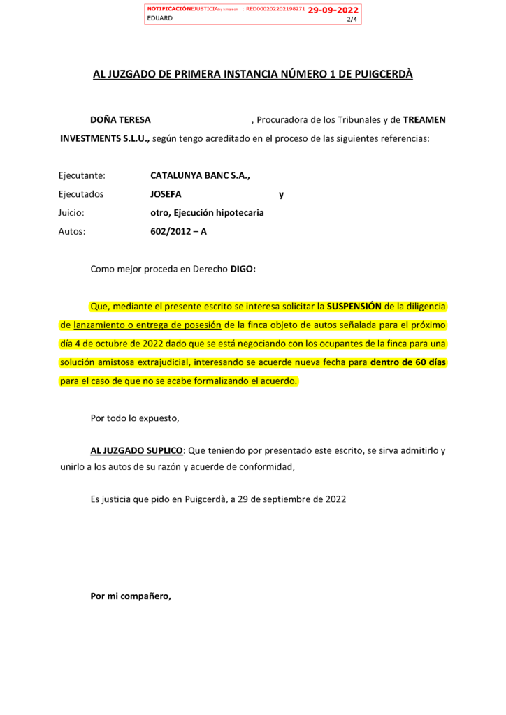 29-09-22.- ESCRITO CONTRARIO de CATALUNYA BANC solicitando suspension del lanzamiento del dia 04-10 por 60 dias por estar en vias de solucion amistosa