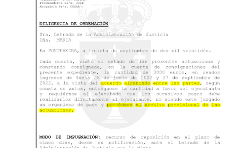 30-09-22.- D.O. notif el 04-10 constando consignada 3000e, a la vista del acuerdo alcanzado procedase al archivo provisional