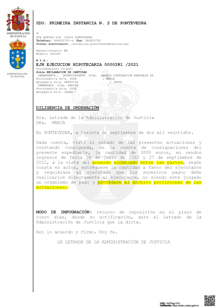 30-09-22.- D.O. notif el 04-10 constando consignada 3000e, a la vista del acuerdo alcanzado procedase al archivo provisional