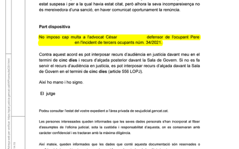 10-10-22.- ACUERDO notif el 18-10 no se impone ninguna multa a CESAR BLANCO defensor del ocupante PERE MIRACLE. NOTIF. Sr. MIRACLE