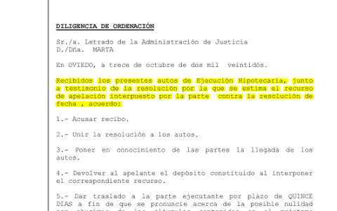 13-10-22.- D.O. notif el 18-10 recepcion apelacion ESTIMATORIA y traslado ejecutante plazo 15 dias alegaciones clausulas abusivas