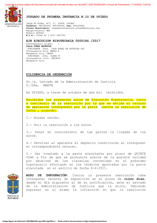 13-10-22.- D.O. notif el 18-10 recepcion apelacion ESTIMATORIA y traslado ejecutante plazo 15 dias alegaciones clausulas abusivas