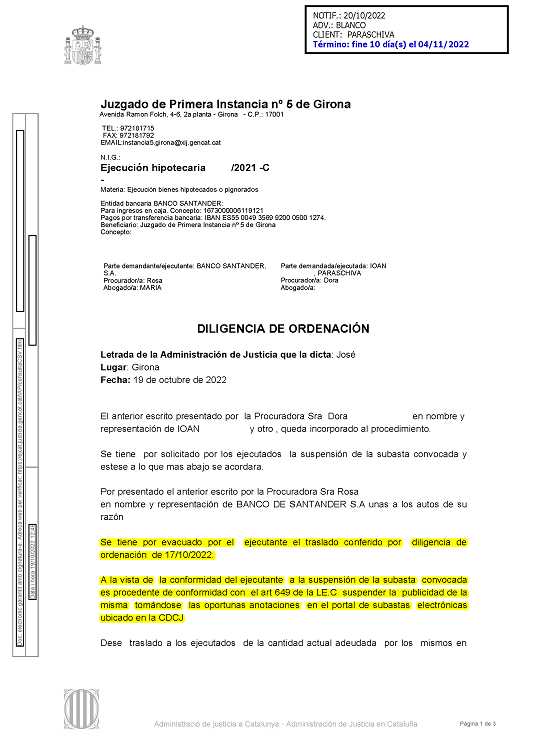 19-10-22.- D.O. notif el 20-10 nuestro escrito queda incorporado procedimiento. Por presentado escrito de B SANTANDER. Por evacuado por el ejecutante traslado de DO de 17-10
