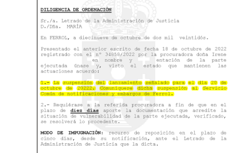 19-10-22.- D.O. notif el 21-10 se une nuestro escrito y se SUSPENDE LANZAMIENTO del 20-10-2022. Se nos requiere DIEZ DIAS aportemos la documentacion que acredite situacion de vulnerabilidad