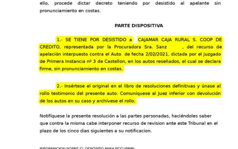 20-10-22.- DECRETO notif el 21-10 se tiene por desistido a CAJAMAR del recurso de apelacion interpuesto contra el Auto del 02-02-21
