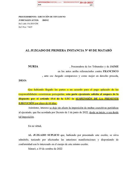 20-10-22.- ESCRITO CONTRARIO de JAIME RAMON MALTAS solicitando suspension ejecucion por 60 dias