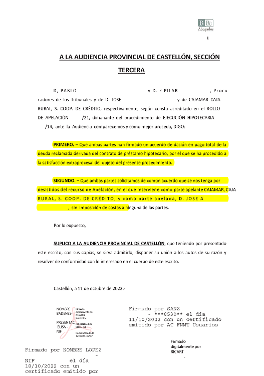 20-10-22.- JUSTIFICANTE PRESENTACION del ESCRITO CONJUNTO informando de acuerdo entre las partes, se ha procedido a la satisfaccion extraprocesal