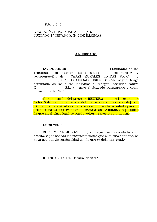 31-10-22.- solicitando se deje sin efecto posesion del 25-11-22