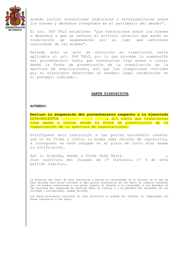 16-12-22.- AUTO notif el 19-12 se acuerda declarar la suspension del procedimiento hasta 3 meses desde la fecha de presentacion de la comunicacion
