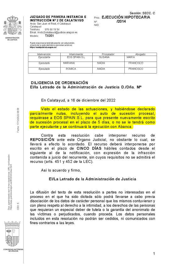16-12-22.- D.O. notif el 20-12 habiendose declarado parcialmente nulas las actuaciones, se requiere a la parte contraria, a fin de presentar nuevamente escrito procesal