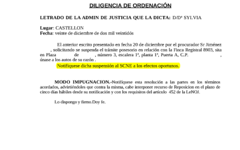 20-12-22.- D.O. notif el 21-12 anterior escrito solicitando se suspenda tramite posesorio Finca 8903, unase autos y notifiquese dicha suspension al SCNE