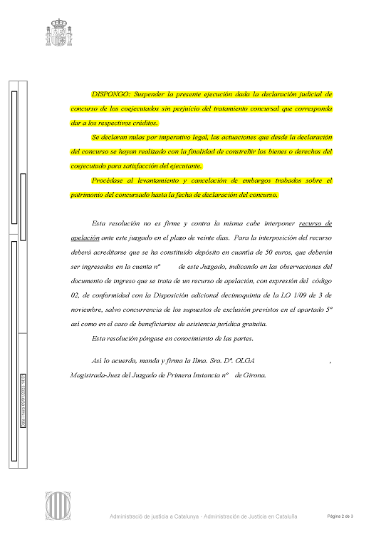 09-01-23.- AUTO notif el 17-01 se DISPONE SUSPENDER ejecucion dada la declaracion judicial de concurso. Se declaran nulas por imperativa legal las actuaciones y procesase al levantamiento