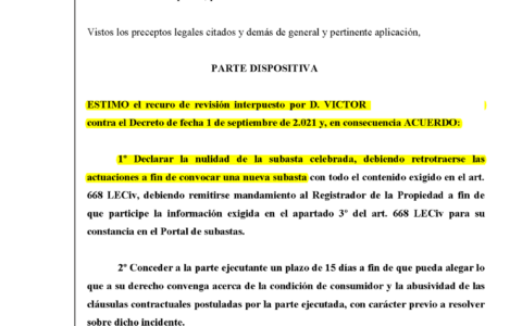 13-01-23.- AUTO notif el 06-02 se ESTIMA nuestro recurso de revision contra Decreto del 01-09-21 y se acuerda declarar la nulidad de la subasta, debiendo retrotraerse y convocar nueva subasta
