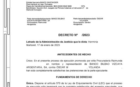 17-01-23.- DECRETO notif el 19-01 se declara terminado proceso de ejecucion y se acuerda la suspension del lanzamiento señalado el 11-01 y el archivo de las actuaciones