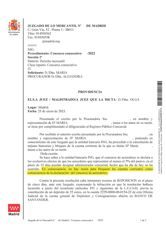 25-01-23.- PROVIDENCIA notif el 26-01 tienen por cumplimentado Edicto del RPC y manifiestan que no procede el bloqueo de cuentas de ING
