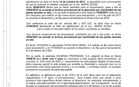 26-01-23.- AUTO notif el 03-02 se acuerda la suspension del lanzamiento y el archivo definitivo de la ejecucion hipotecaria