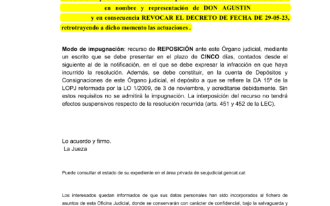 06-09-23.- AUTO notif el 13-09 estiman nuestra peticion de nulidad y revocan decreto del 29-05 retrotrayendo las actuaciones a este momento