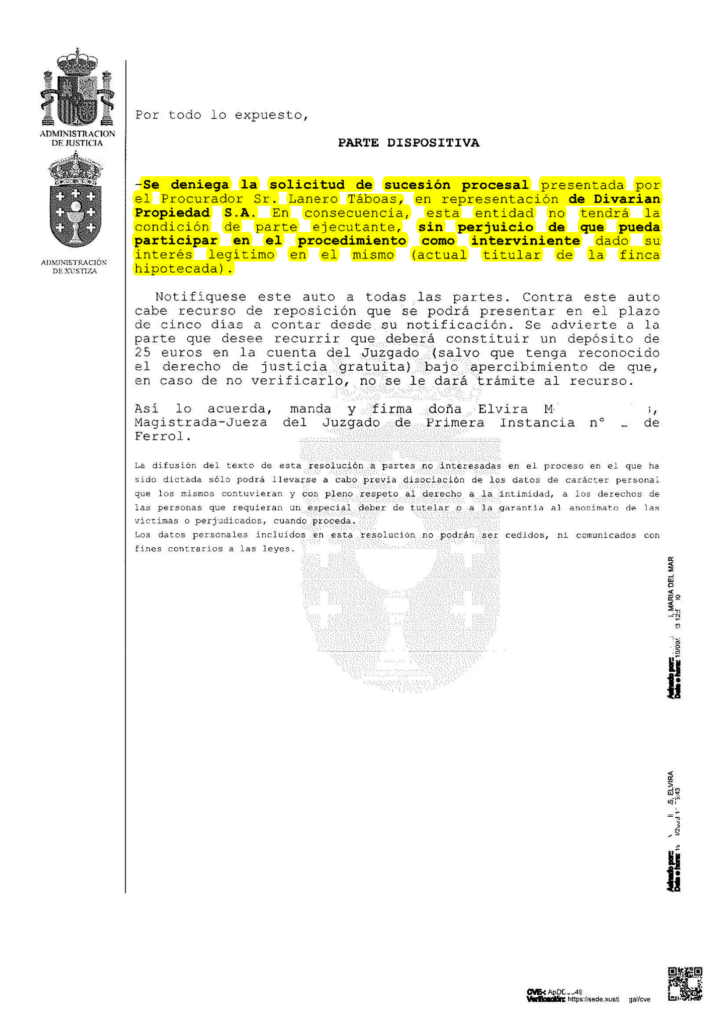 18-09-23.- AUTO notif el 21-09 se deniega solicitud sucesion procesal de DIVARIAN. No tendra condicion de ejecutante
