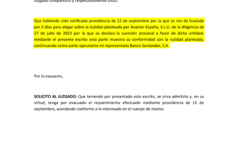 21-09-23.- ESCRITO CONTRARIO de B SANTANDER efectuando alegaciones sobre la nulidad planteada por AXACTOR