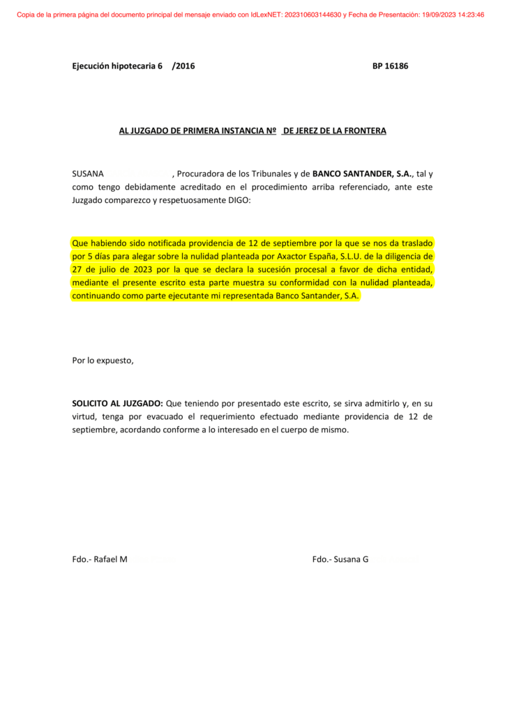 21-09-23.- ESCRITO CONTRARIO de B SANTANDER efectuando alegaciones sobre la nulidad planteada por AXACTOR