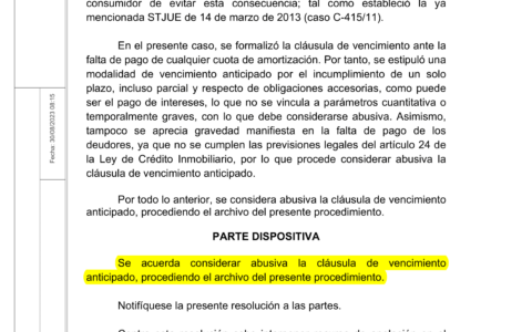 29-08-23.- AUTO notif el 06-09 se acuerda considerar abusiva la clausula de vencimiento anticipado, procediendo al archivo del procedimiento