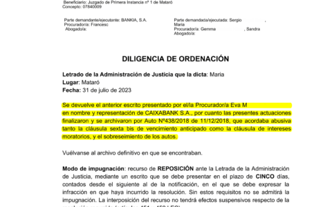 31-07-23.- D.O. notif el 07-09 se devuelve escrito de CAIXABANK por cuanto las actuaciones finalizaron y se archivaros que acordaba abusiva clausula y sobreseimiento autos. NOTIF. Sra. Pratdepadua