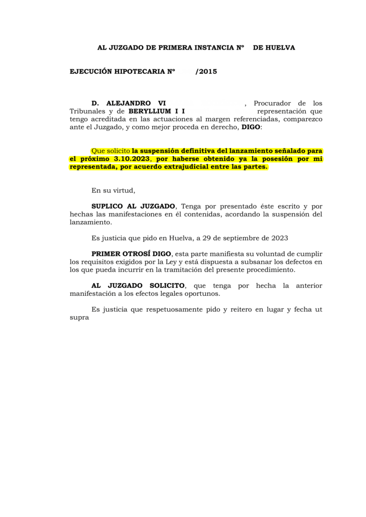 02-10-23.- ESCRITO CONTRARIO de BERYLLIUM I INVEST interesando suspension lanzamiento
