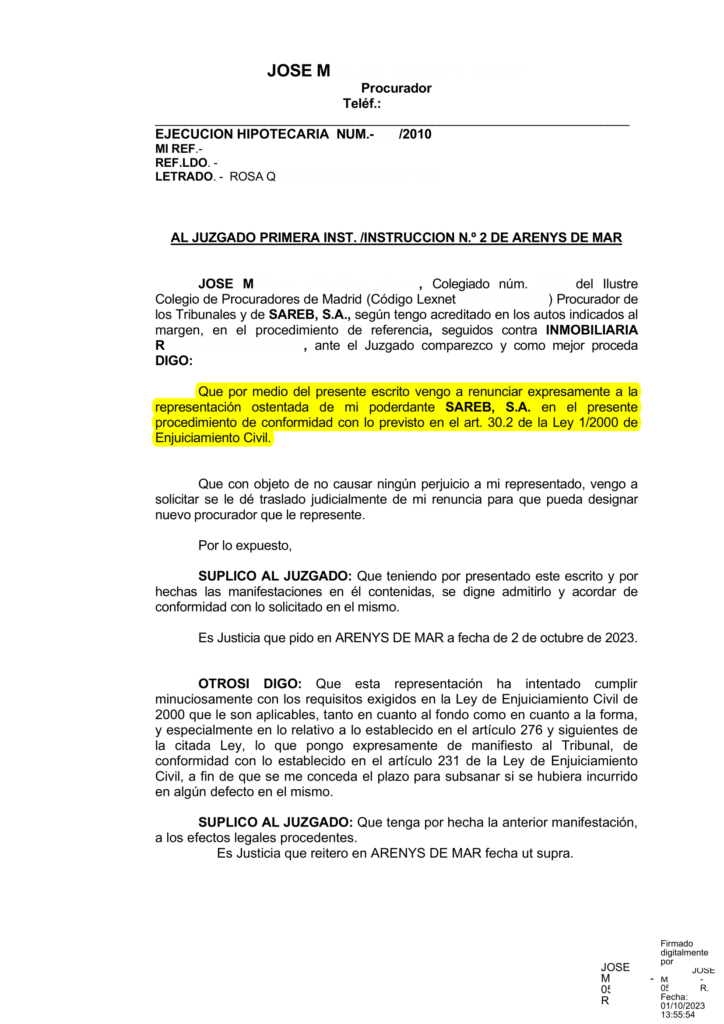 02-10-23.- ESCRITO CONTRARIO de SAREB, el procurador presenta renuncia a la representacion de SAREB y solicita se designe nuevo procurador