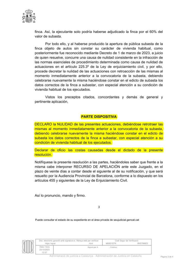 20-10-23.- AUTO notif el 27-10 se DECLARA LA NULIDAD retrotrayendo anterior convocacion subasta debiendo celebrarse de nuevo-1