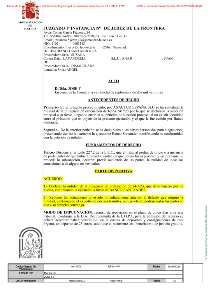 28-09-23.- AUTO notif el 04-10 se acuerda declarar la nulidad de la DO del 24-07 debe tenerse por NO puesta