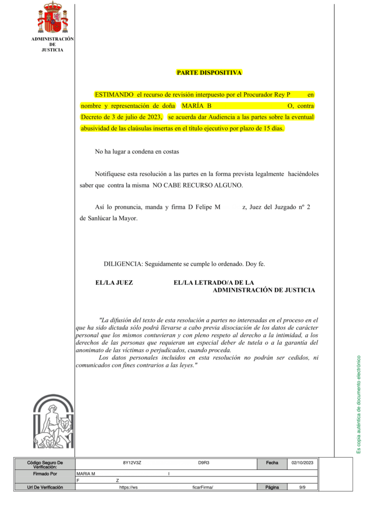 30-09-23.- AUTO notif el 03-10 se ESTIMA nuestro recurso de revision contra Decreto del 03-07, se acuerda dar Audiencia partes 15 dias alegaciones abusividad clausulas