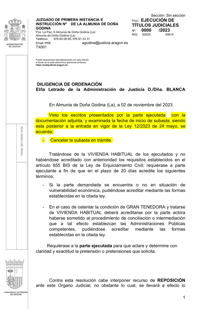 02-11-23.- D.O. notif el 03-11 visto escritos ejecutada y examinada fecha inicio subasta siendo posterior entrada vigor ley se acuerda cancelar subasta-1