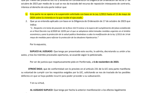 06-11-23.- ESCRITO CONTRARIO de B SANTANDER no se opone a la suspension solicitada hasta el 2024-1